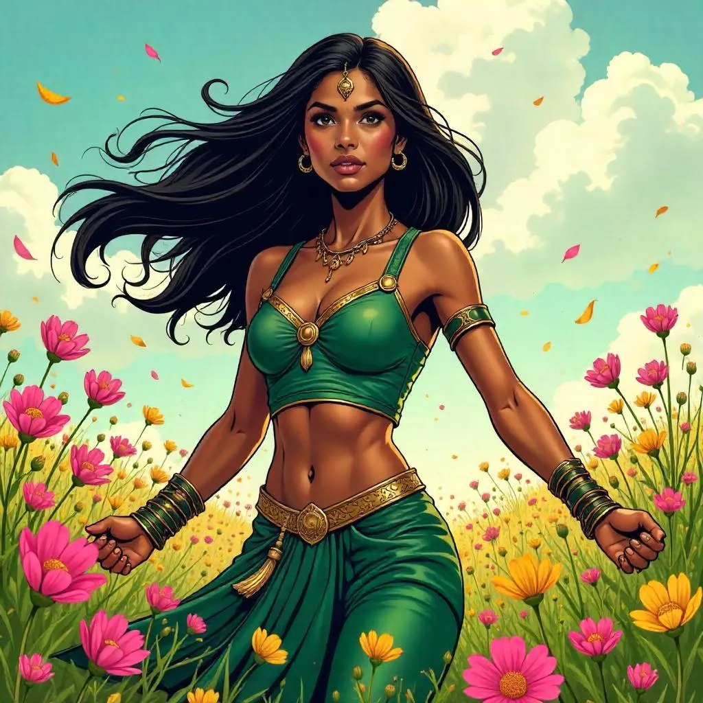 Indian Heroine in a Field of Blooming Flowers