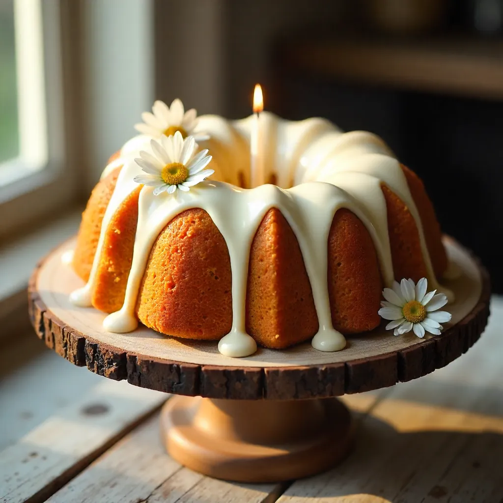 Bundt Cake with Icing, Daisies, and a Lit Candle