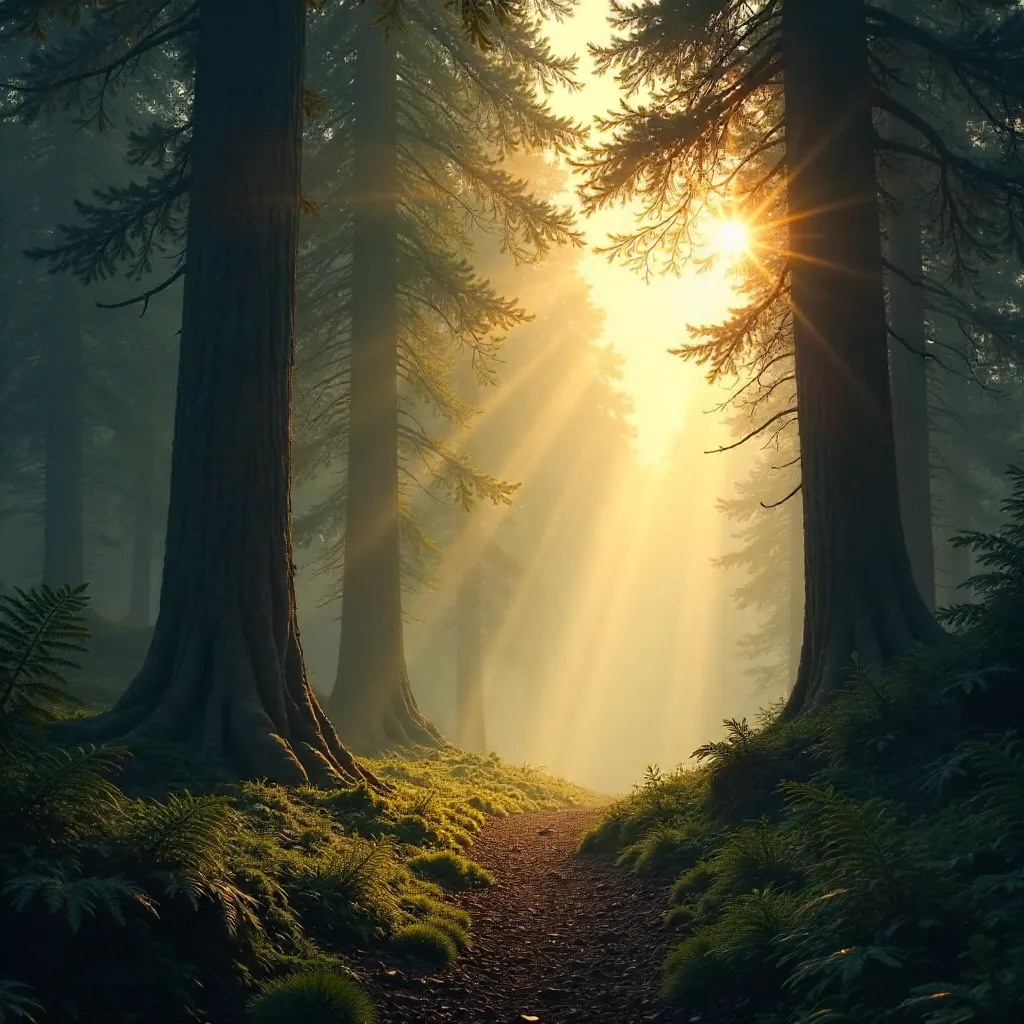 Dawn Sunbeams through Forest Silhouettes