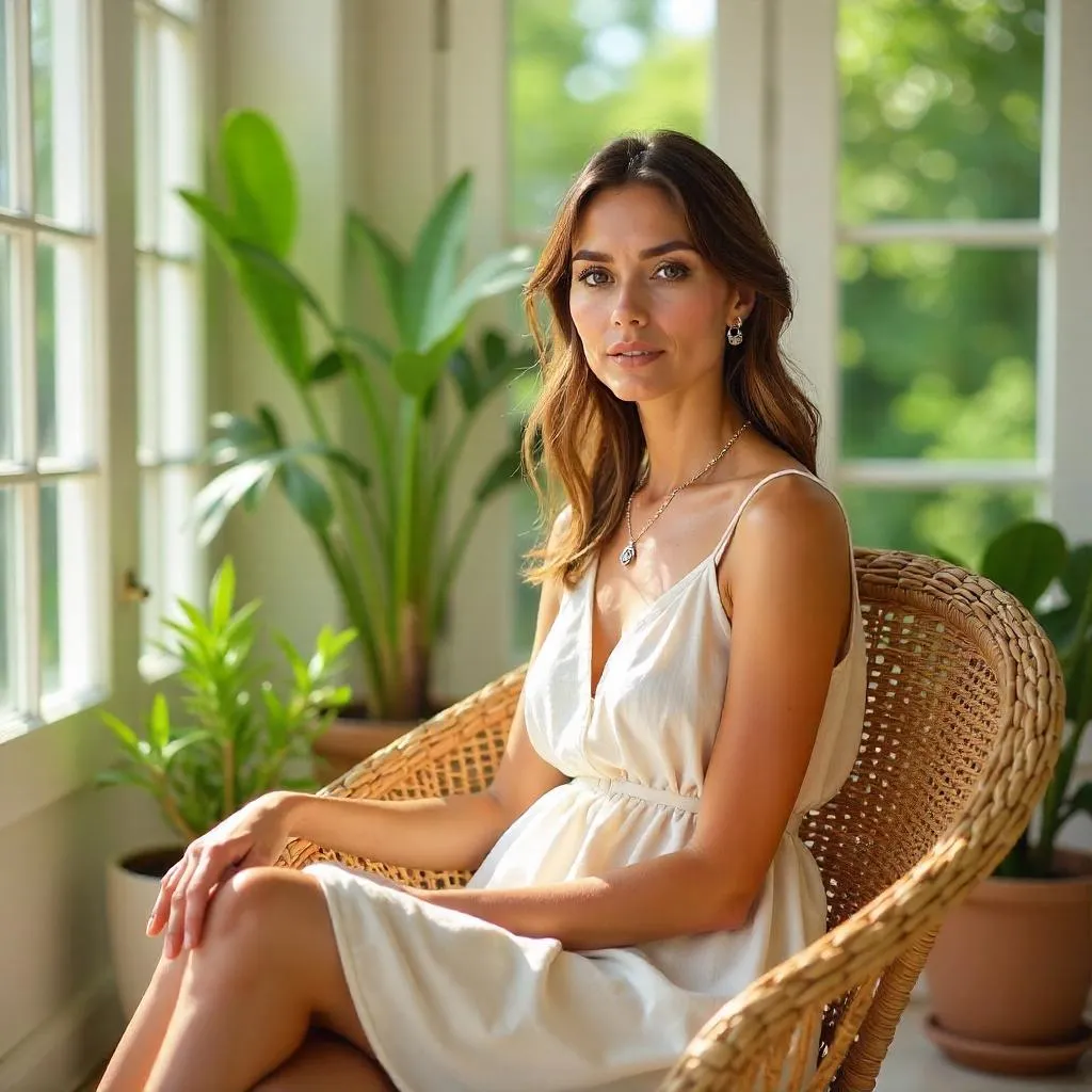 Sunlit Sunroom Chic: Photorealistic Portrait of a Stylish Woman
