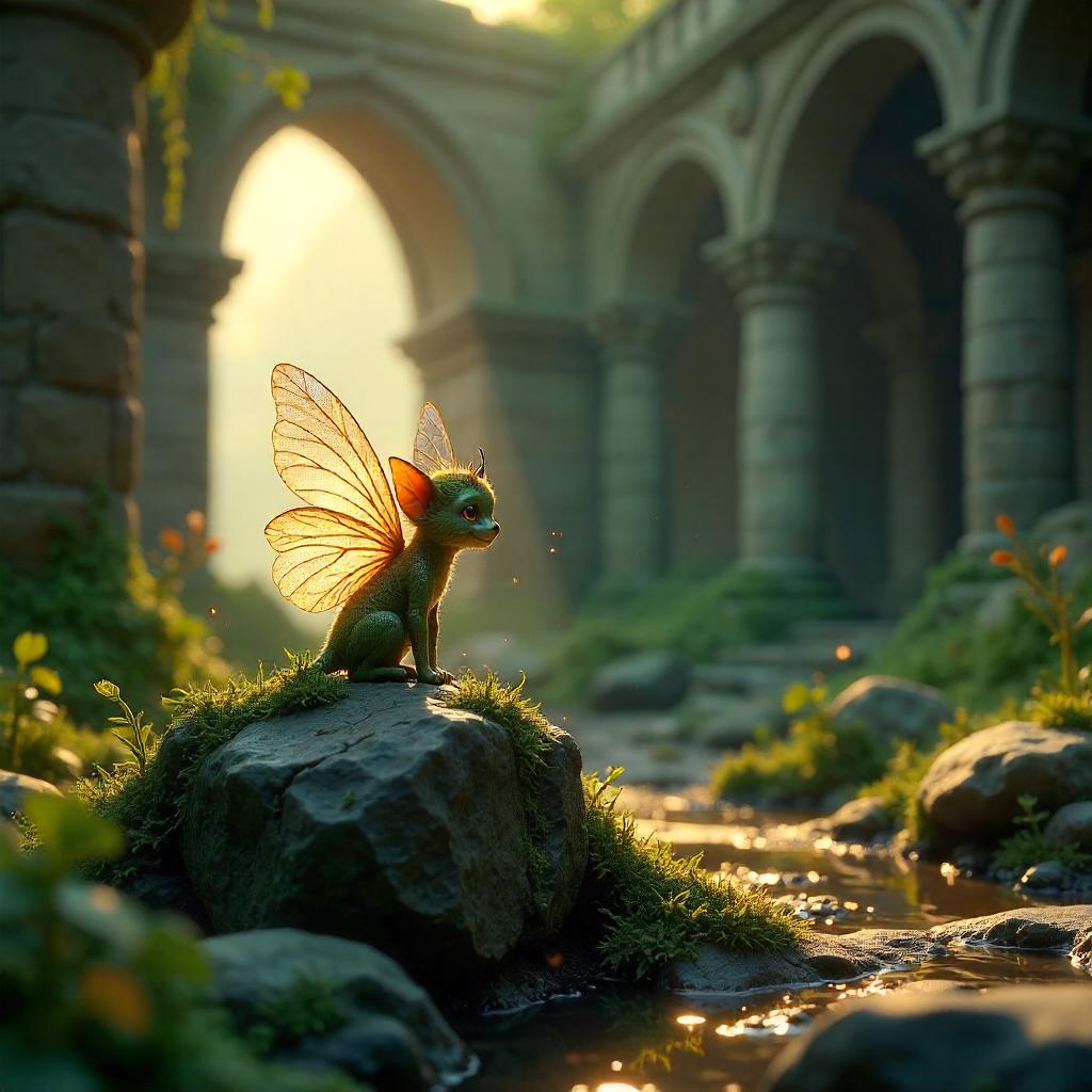 Luminous Sprite Amid Crumbling Ruins