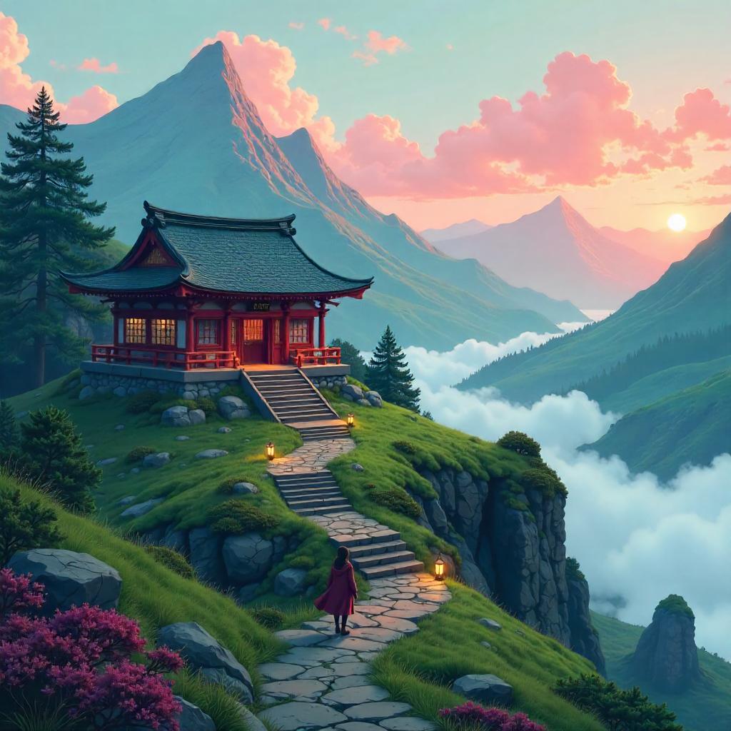 Mist-Shrouded Highland Temple in Anime Style
