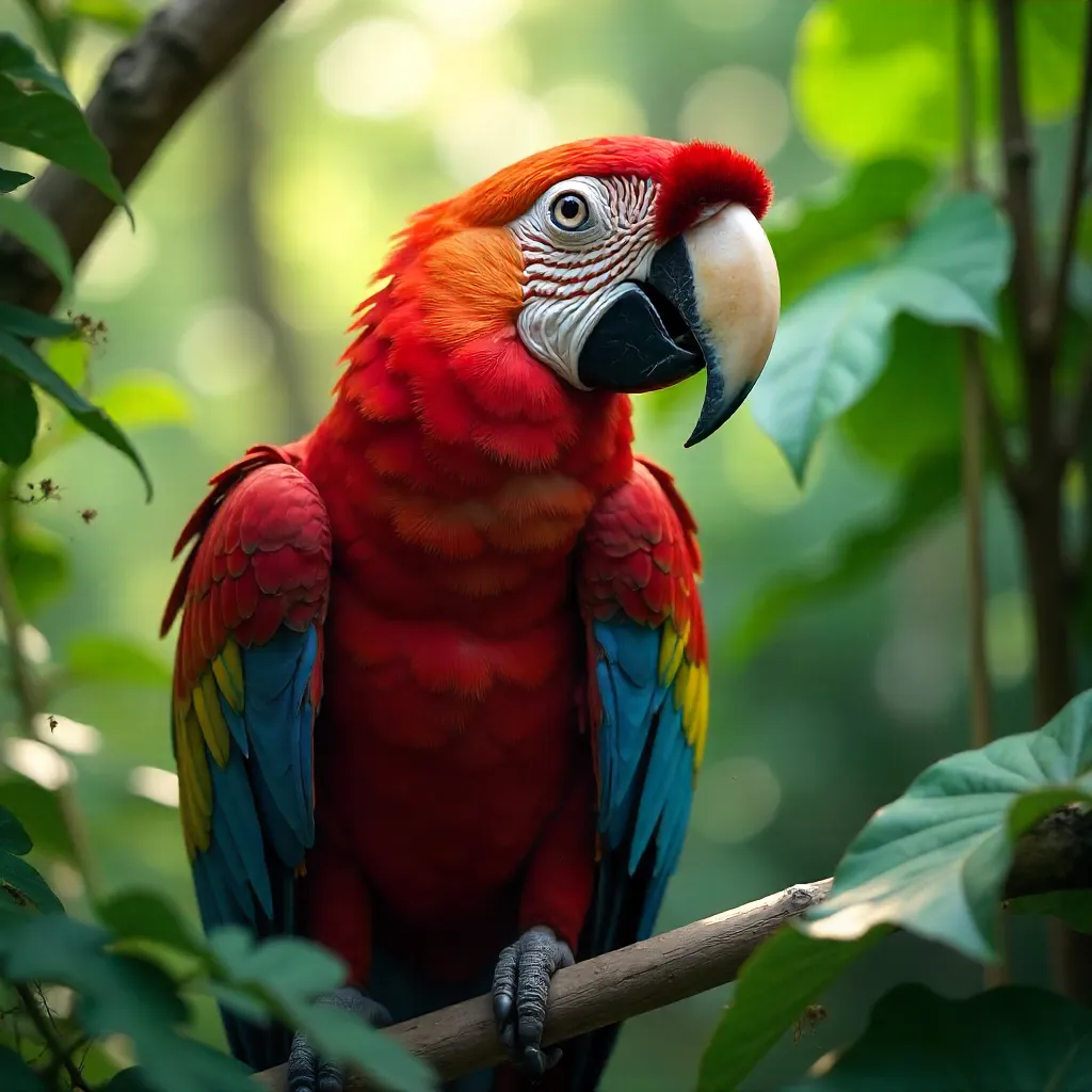 Close-Up Scarlet Macaw in Chilean Greenery
