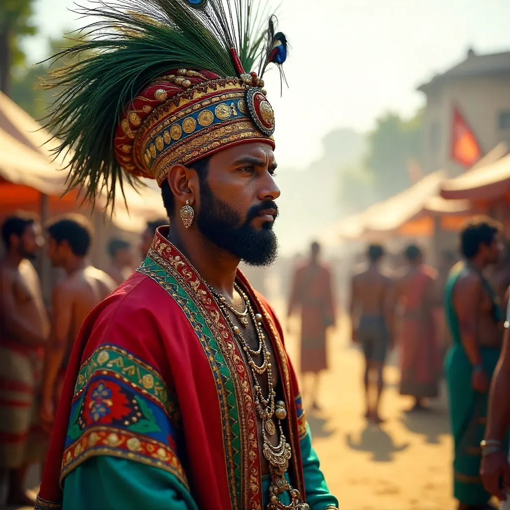 Man in Colorful Attire and Ornate Headdress at Festival
