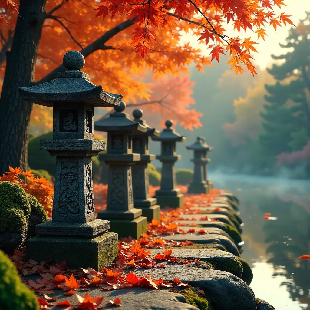 Row of Autumn Lanterns in a Quiet Japanese Garden