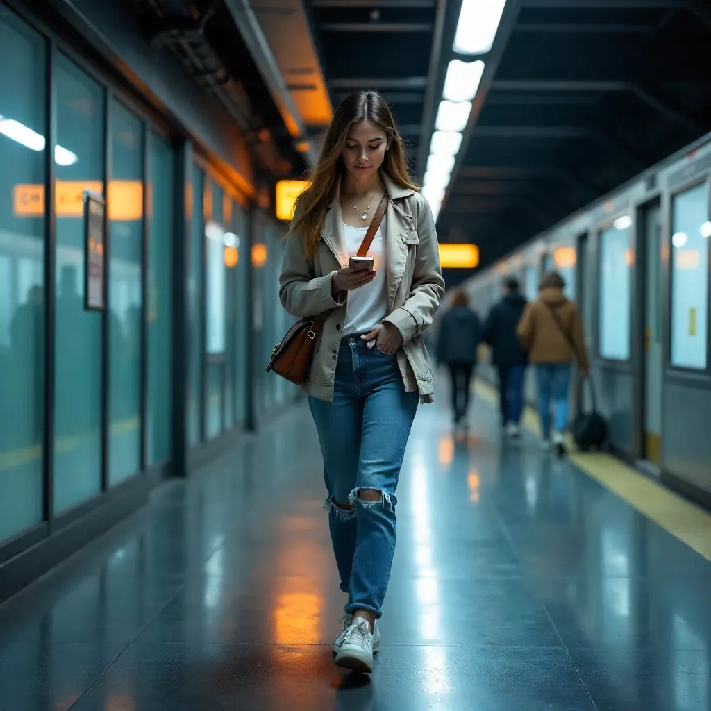 Young Woman Using Smartphone in Indoor Subway Station