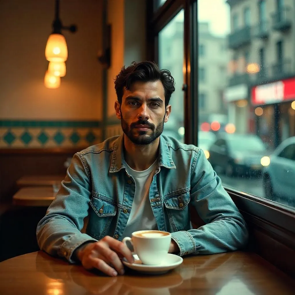 Photorealistic Portrait of a Young Middle Eastern Man in a Cafe