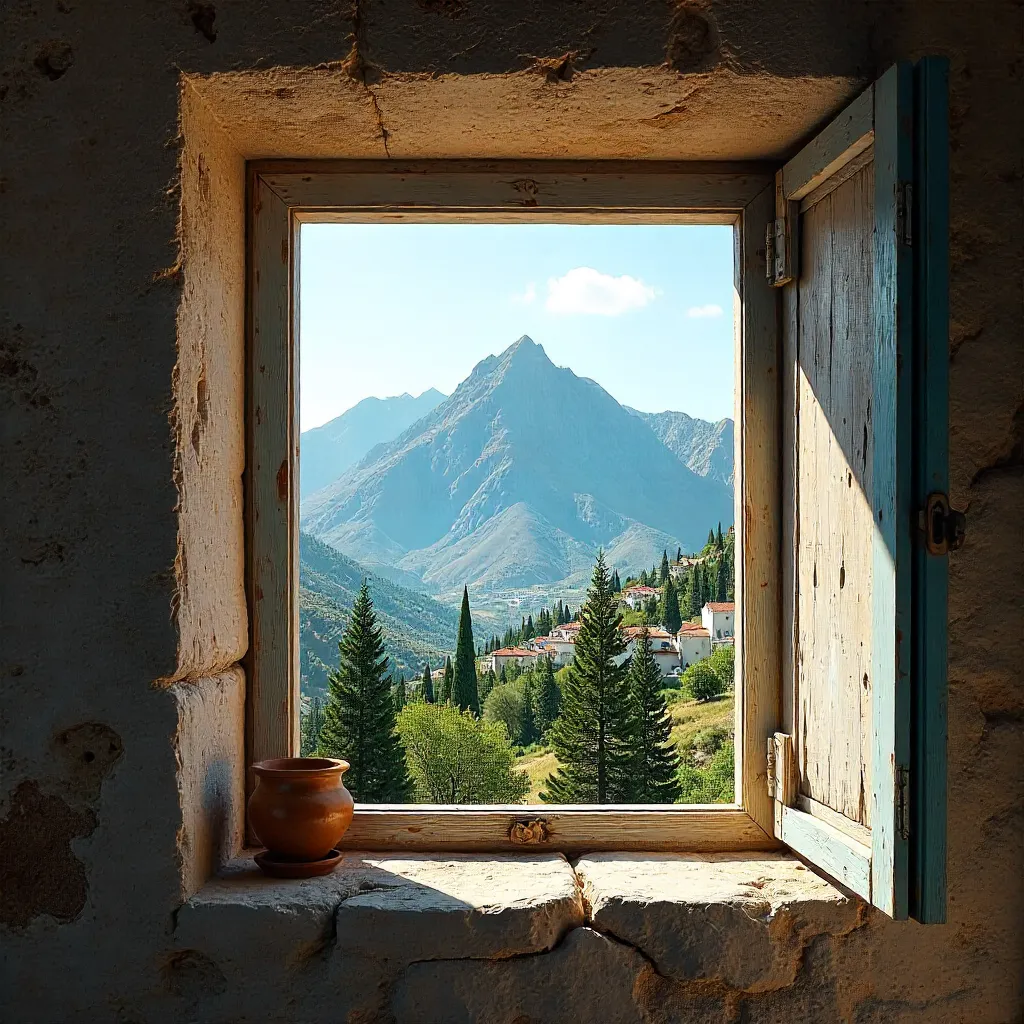 Sunny Mountain View Through a Rustic Lebanon Window
