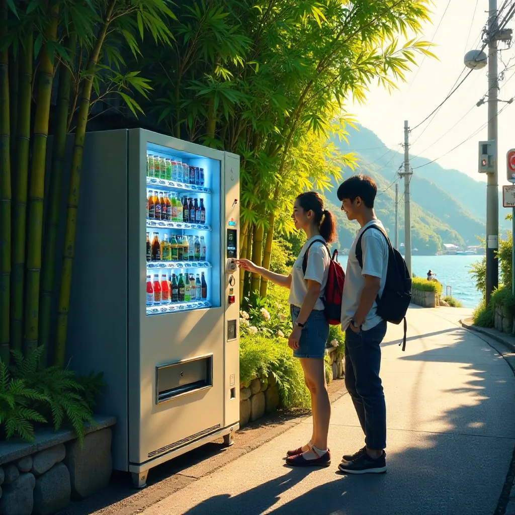 Two Friends by a Verdant Vending Machine in Numazu