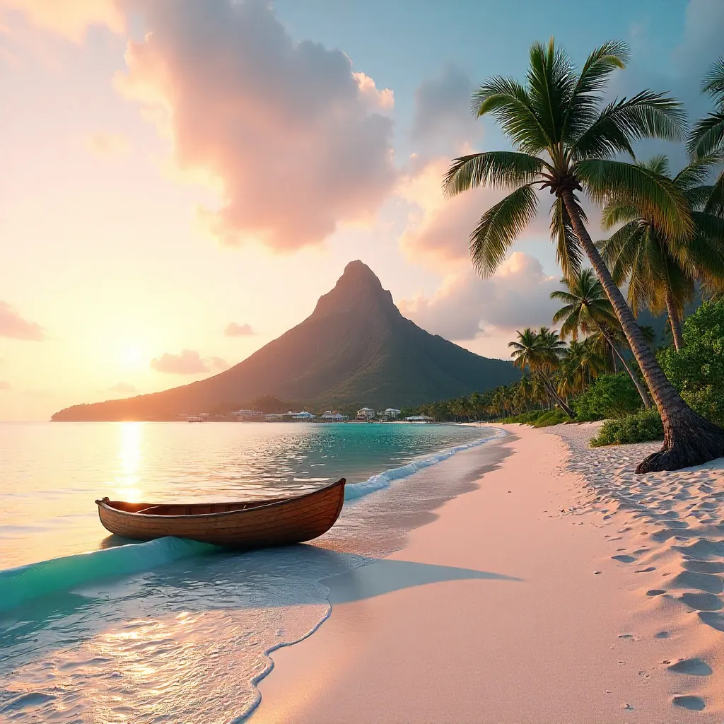Serene Mauritian Beach: Canoe, Palms & Le Morne