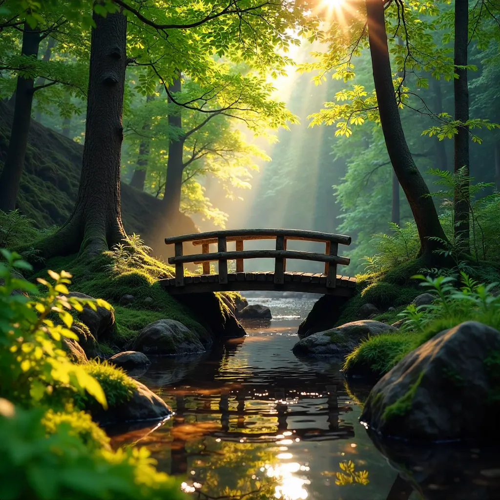 Serene Forest Bridge Over a Flowing Stream