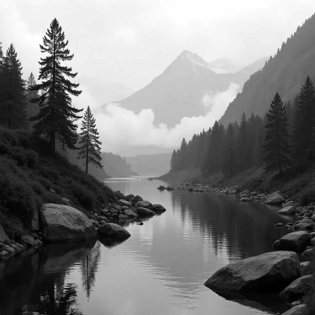 Mist-Washed Black and White Mountain River Landscape