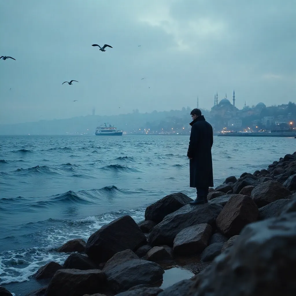 Solitary Figure on Istanbul's Rocky Shore at Dusk