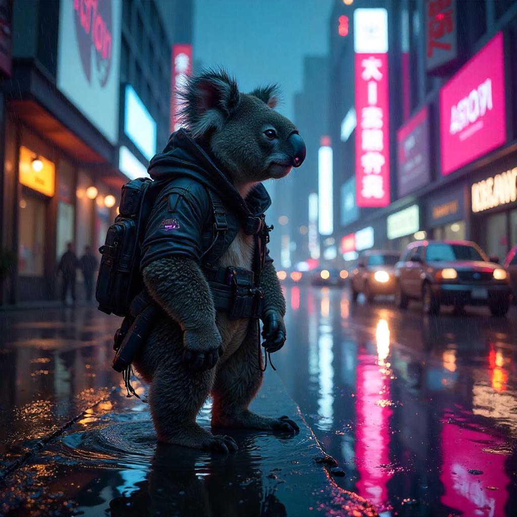 Neon Koala in the Flooded Cyberpunk City