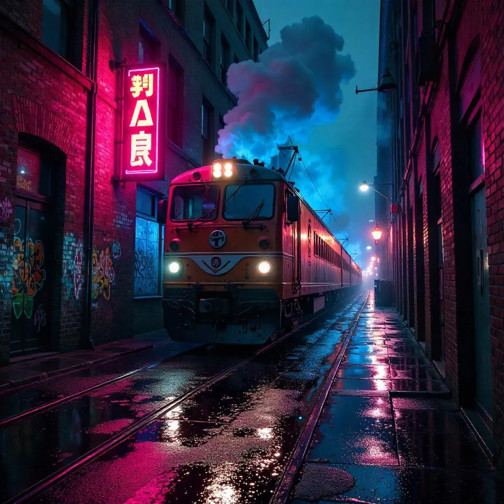 Neon Alley Freight Train at Night