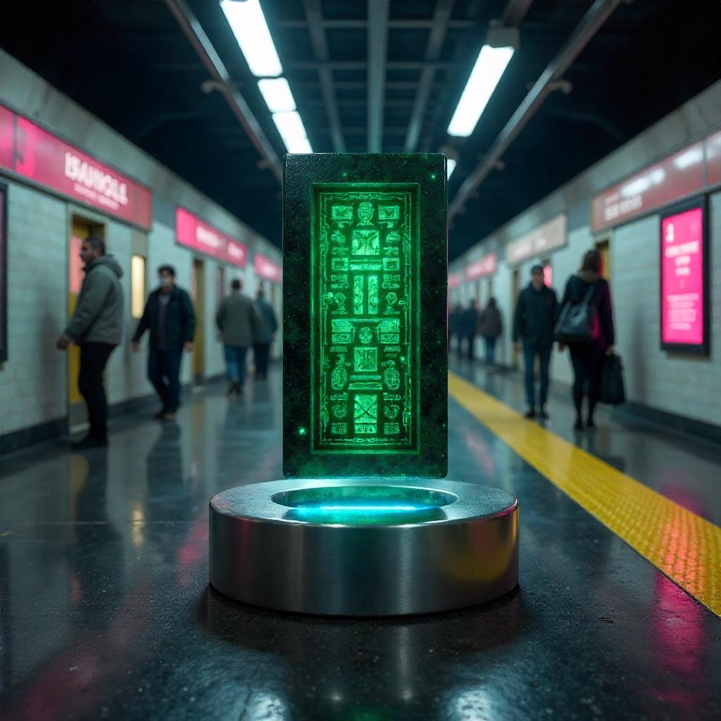 Glowing Obsidian Tablet in a Subway Station