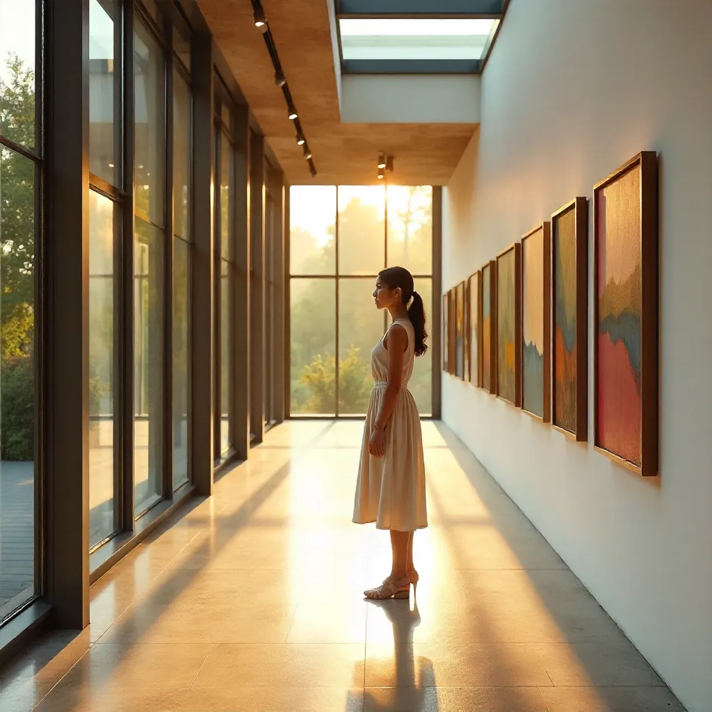 Sunlit Modern Gallery: Woman Admires Paintings