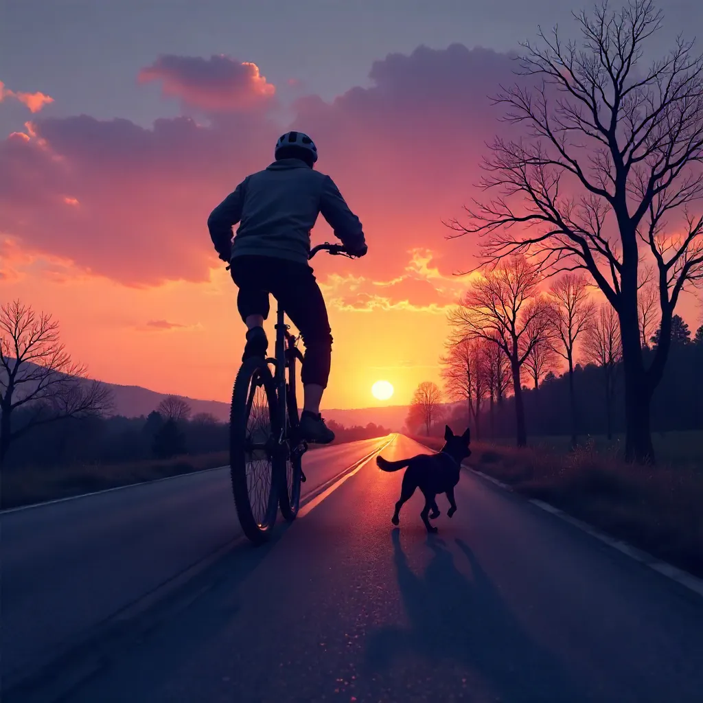 Dusk Silhouette: Wheelie with a Running Dog