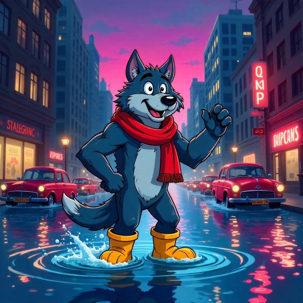 Cartoon Werewolf Navigates a Flooded City