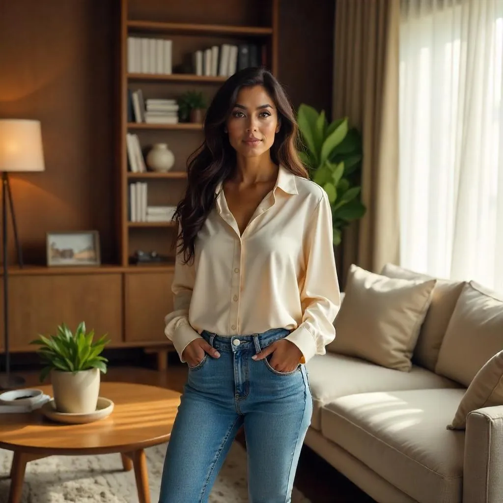 Photorealistic Latina Woman in a Cozy Living Room