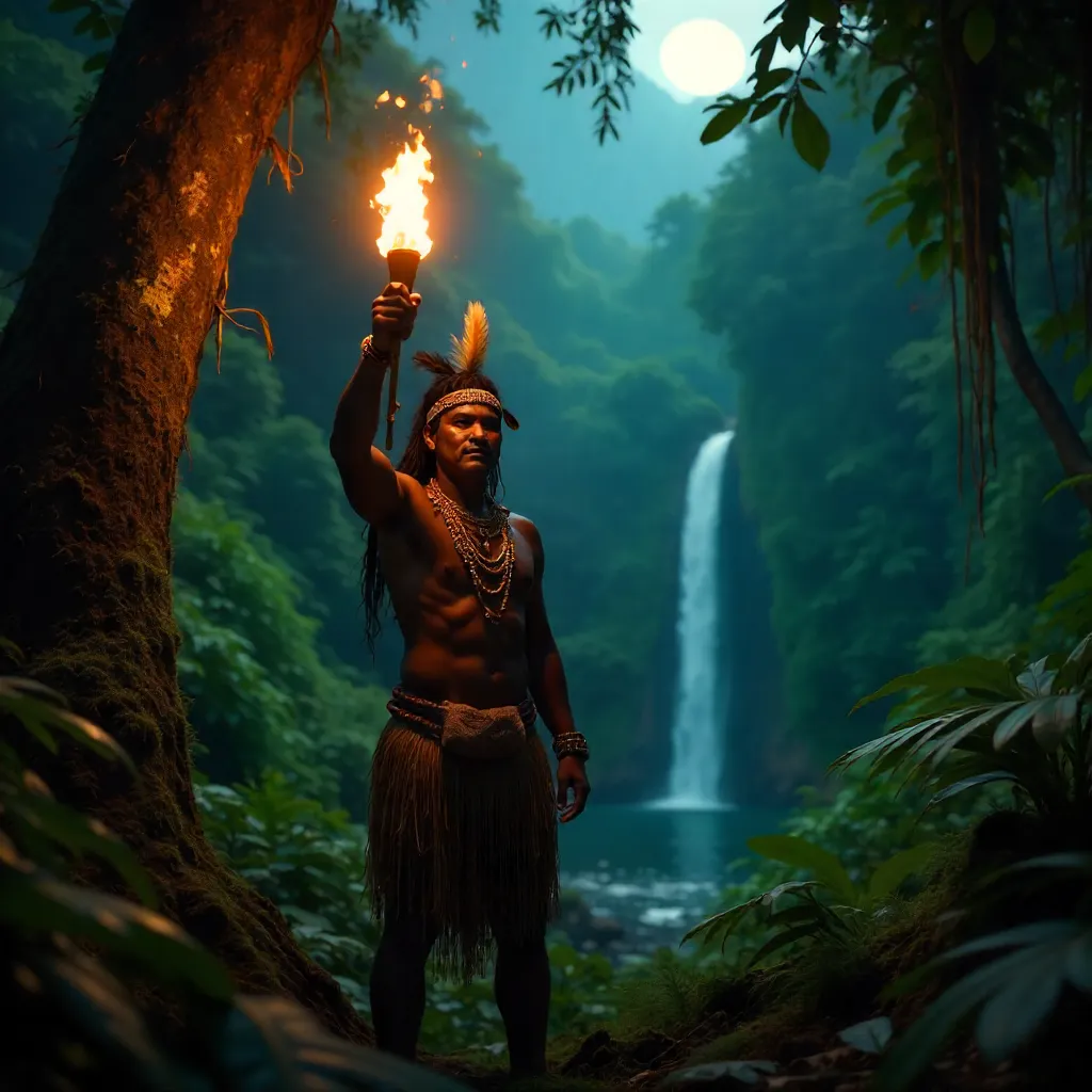 Torchbearer in Papuan Jungle near Jayapura, Indonesia