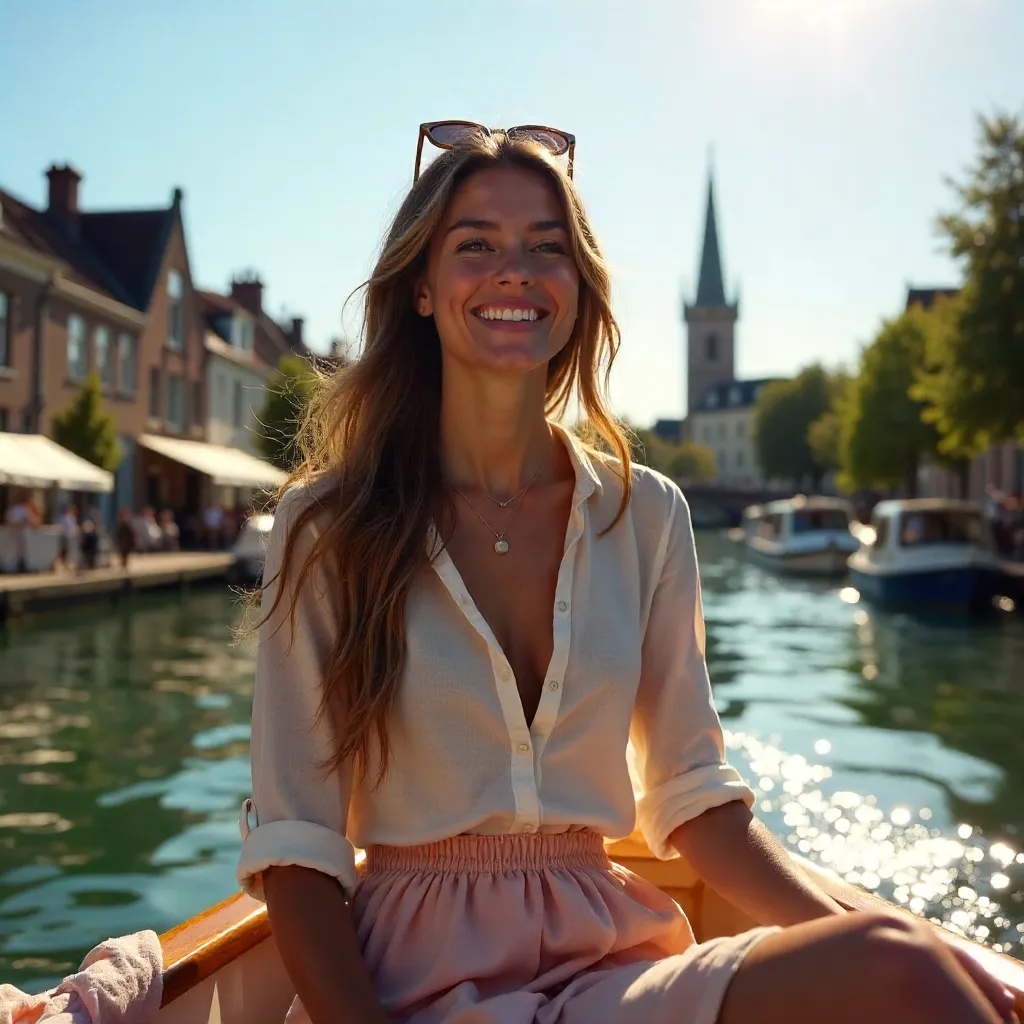 Sunny Lille Canal: Young Woman on a Boat