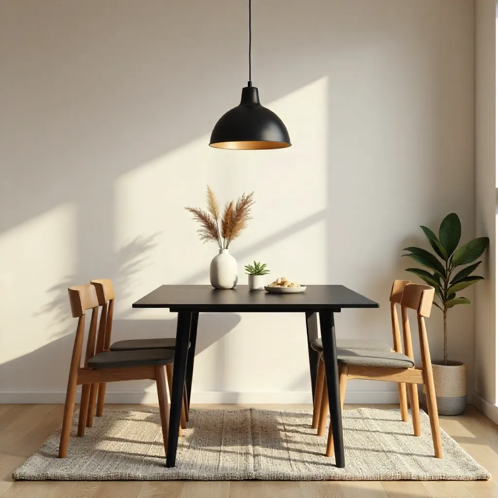 Cozy Minimalist Dining Nook: Black Table & Wood Chairs