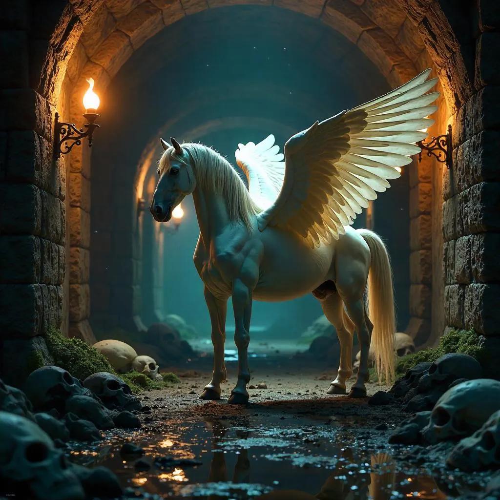 Photoreal Pegasus in Damp Catacombs