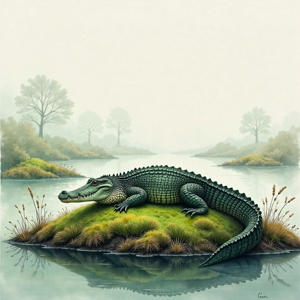 Crocodile in Foggy Moorland Watercolor Scene