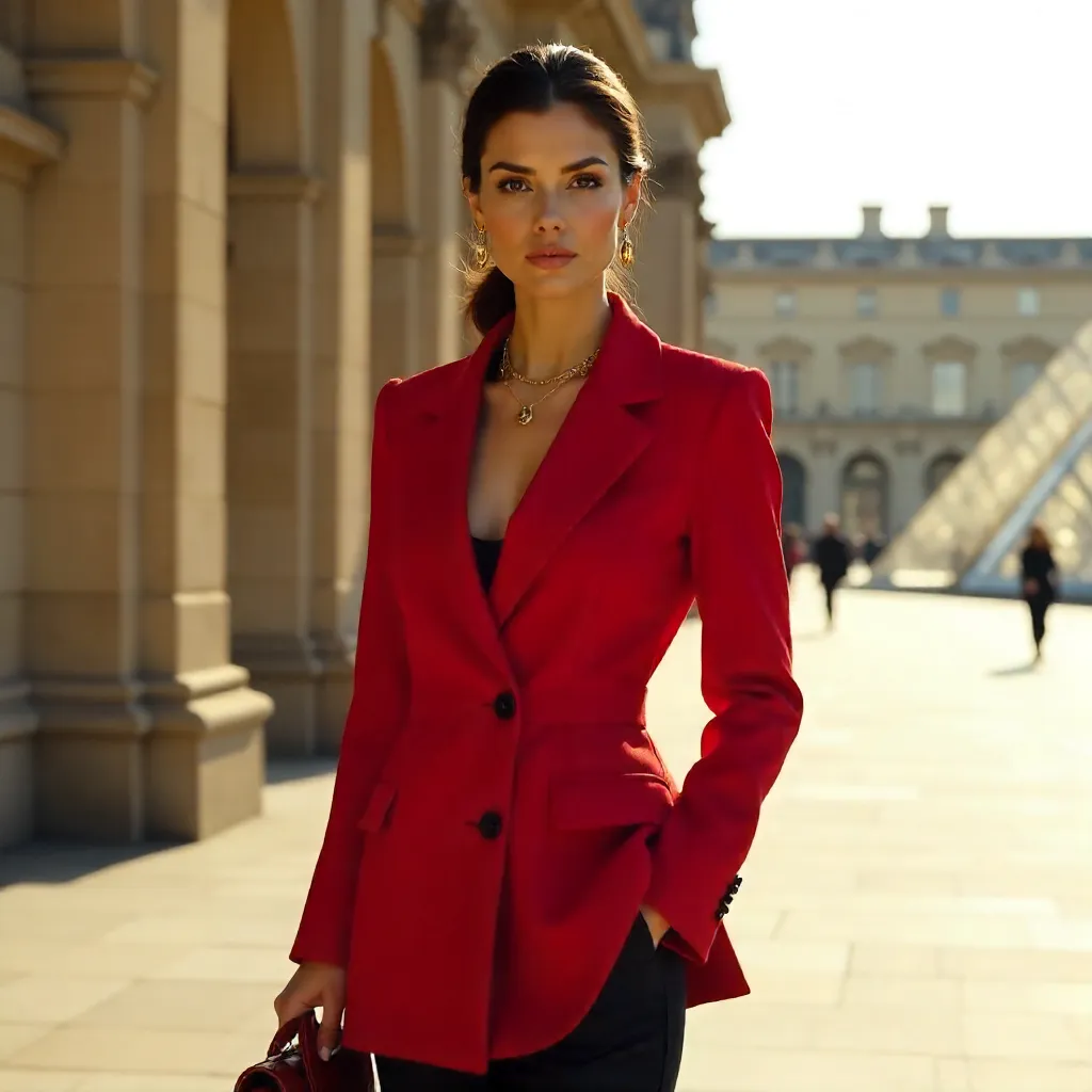 Crimson Couture Before the Louvre