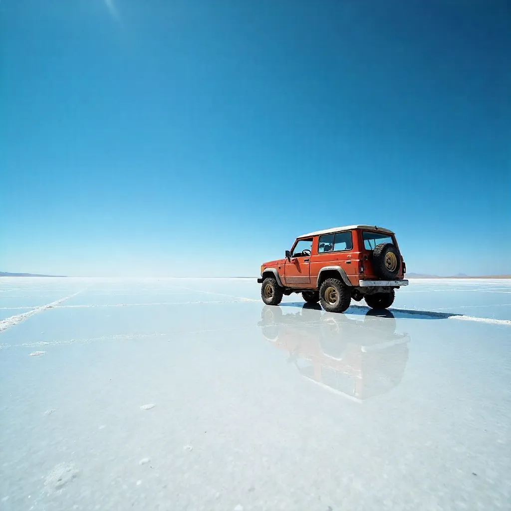 Lone Vehicle on Uyuni's Reflective Salt Flats