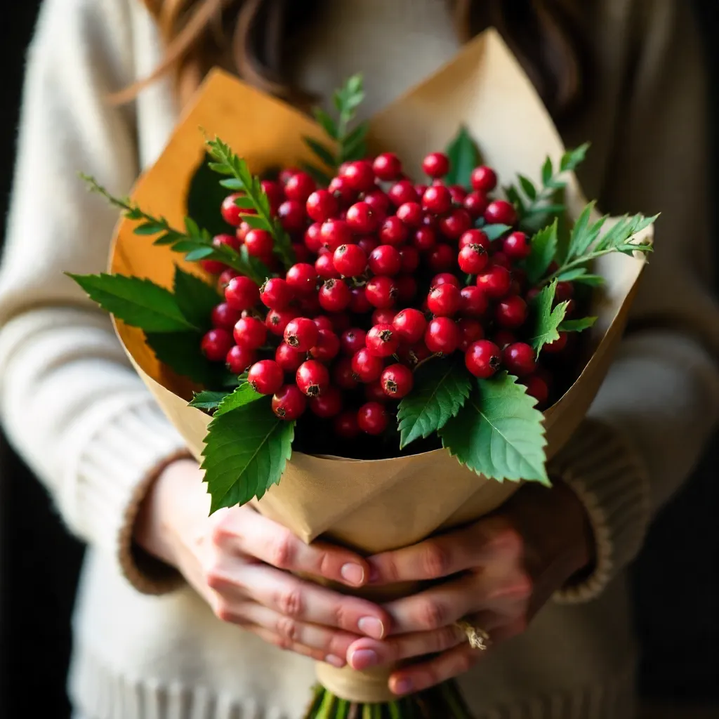 Bouquet of Red Berries Wrapped in Brown Kraft Paper