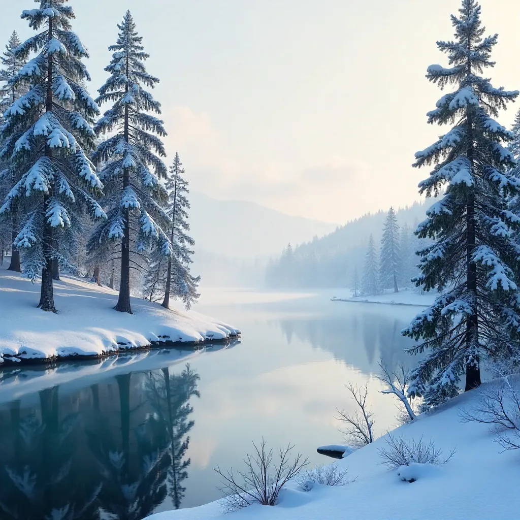 Silent Winter Pines Over a US Lake