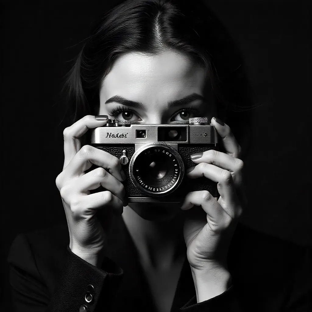 Monochrome Portrait: Woman with Vintage Camera Obscuring Her Face