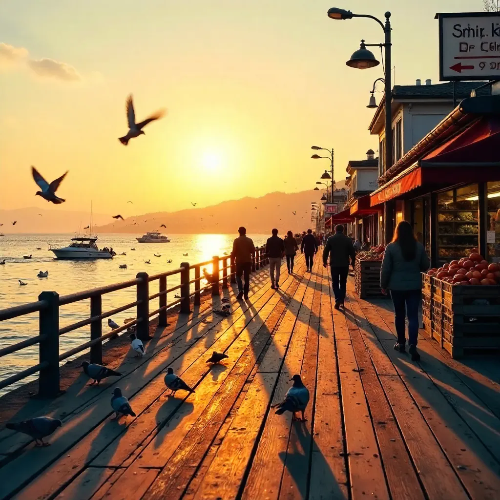 Golden Hour Pier: Visitors, Pigeons, and a Storefront