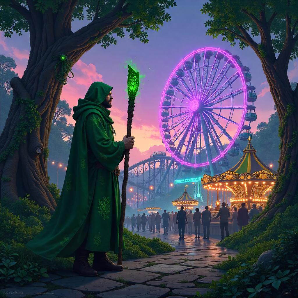 Druid Concept Art in a Neon Amusement Park