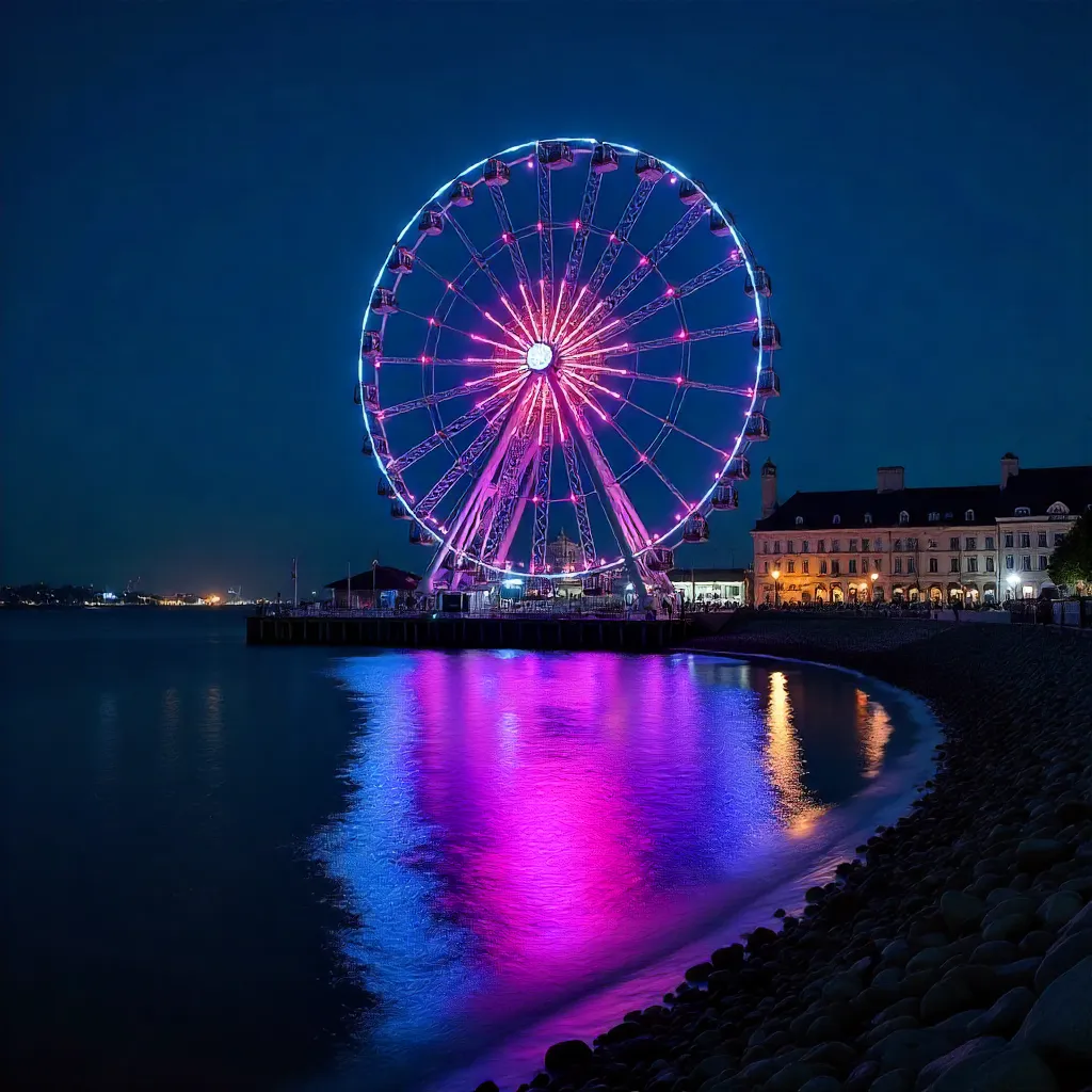 Illuminated Ferris Wheel Reflected in Night Water