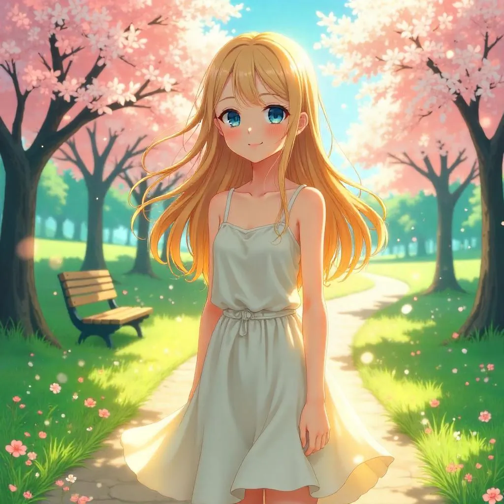 Radiant anime woman in a sunlit park