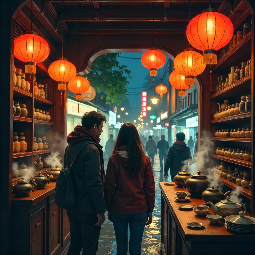 Lantern-lit Tea Shop at Night: Two Explorers