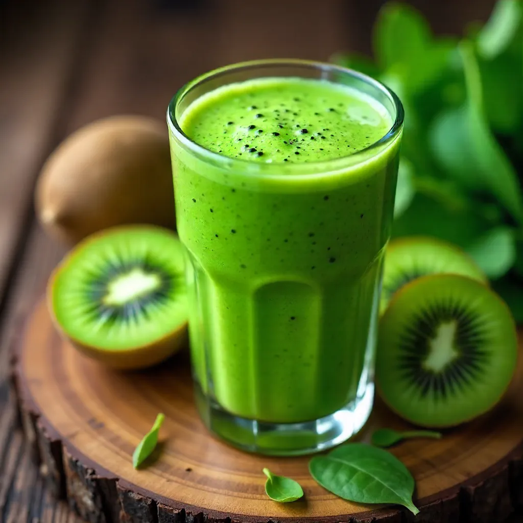 Close-Up Kiwi Spinach Smoothie in Ribbed Glass
