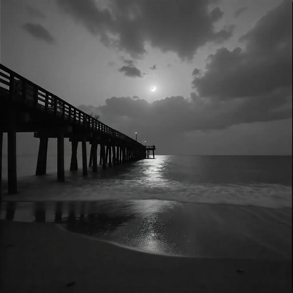 Moonlit Dusk: Serene Black-and-White Beach with Pier