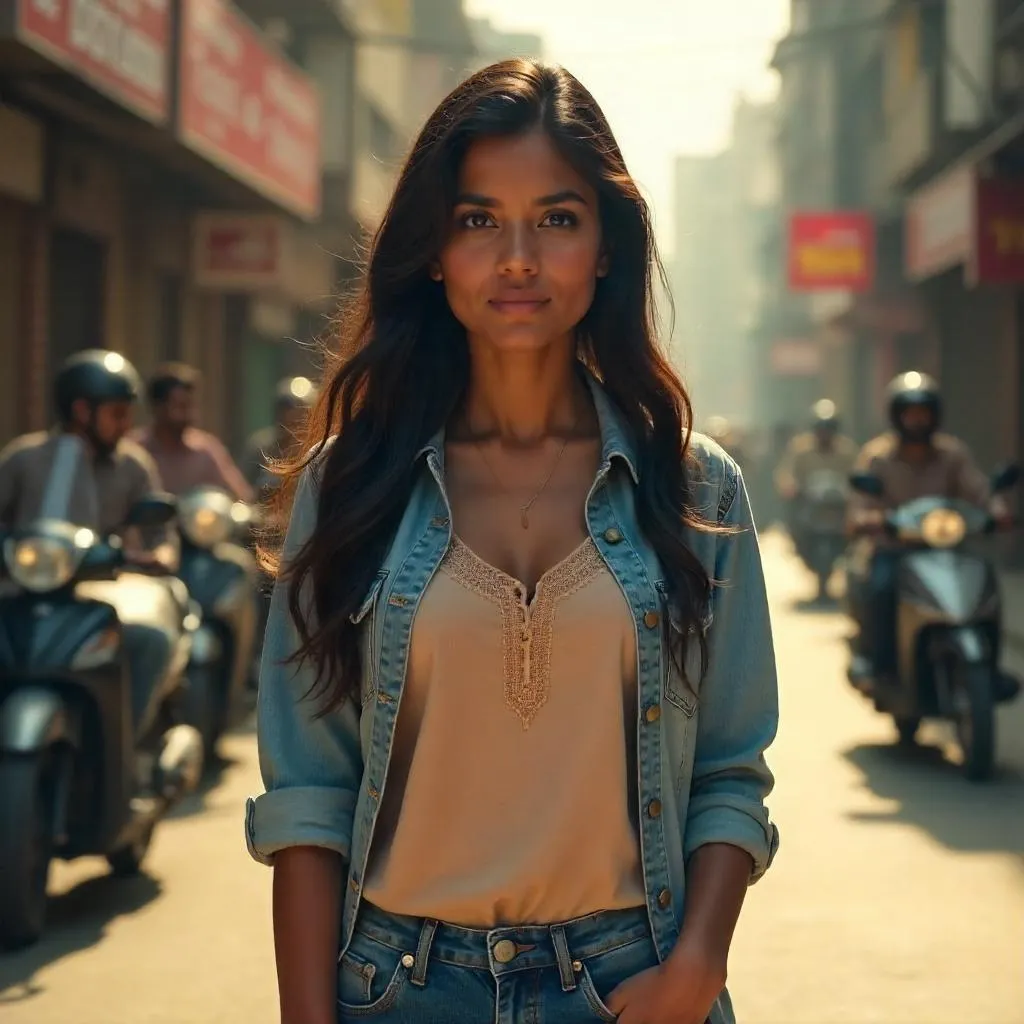 Photorealistic Indian Woman on a Busy City Street