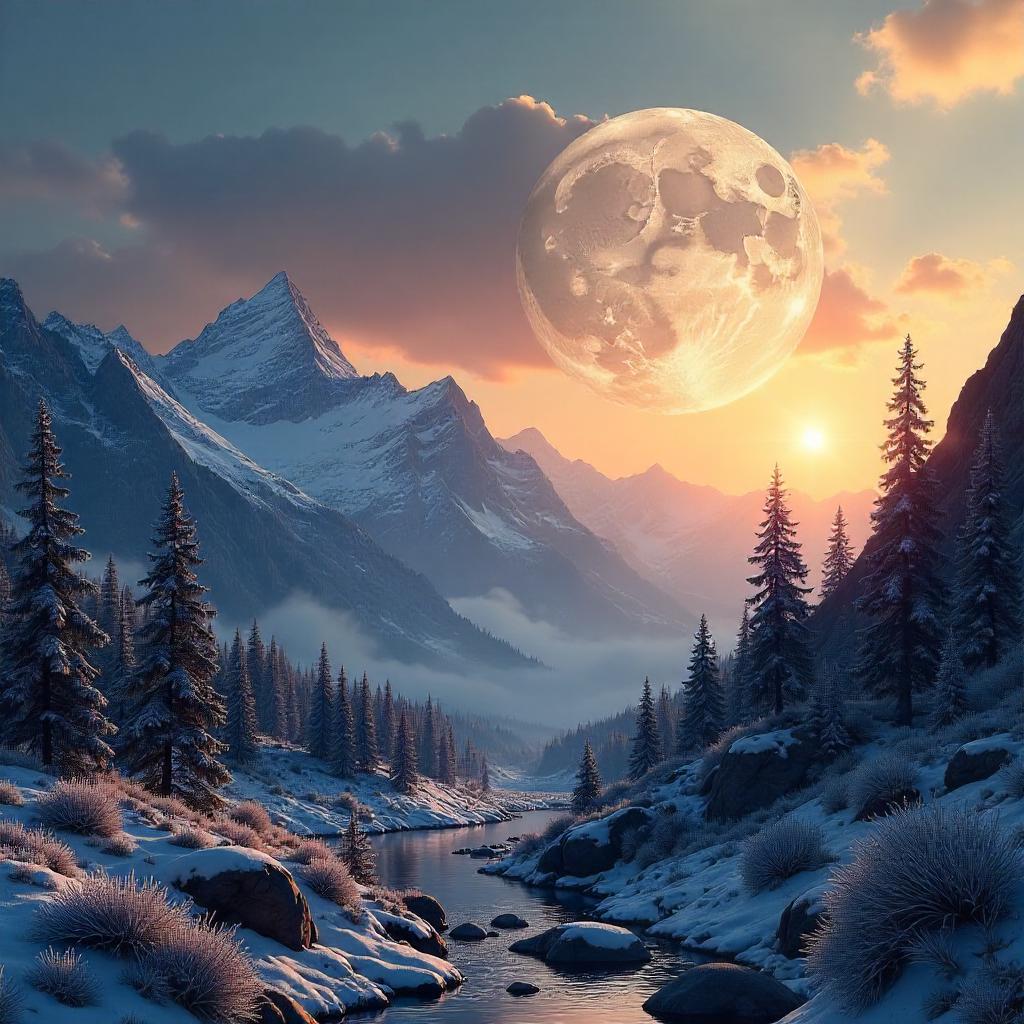 Dawn Moon Over a Snowy Alpine Valley