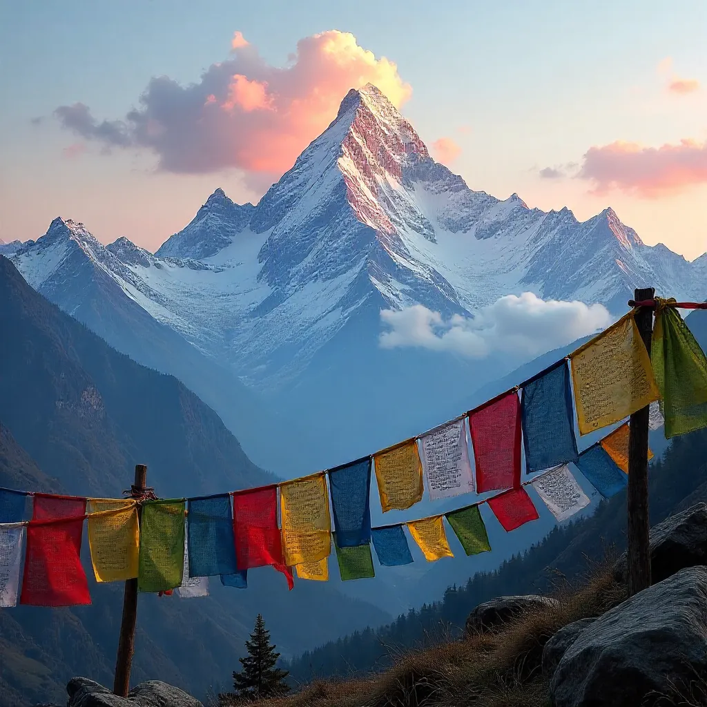 Prayer Flags Over Himalayan Peaks at Dawn