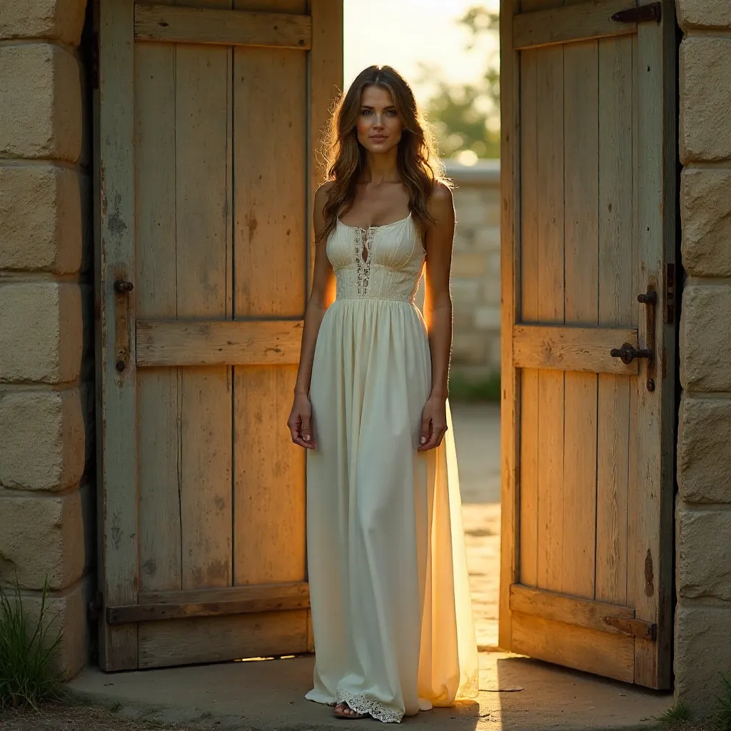 Graceful Woman Between Rustic Doors