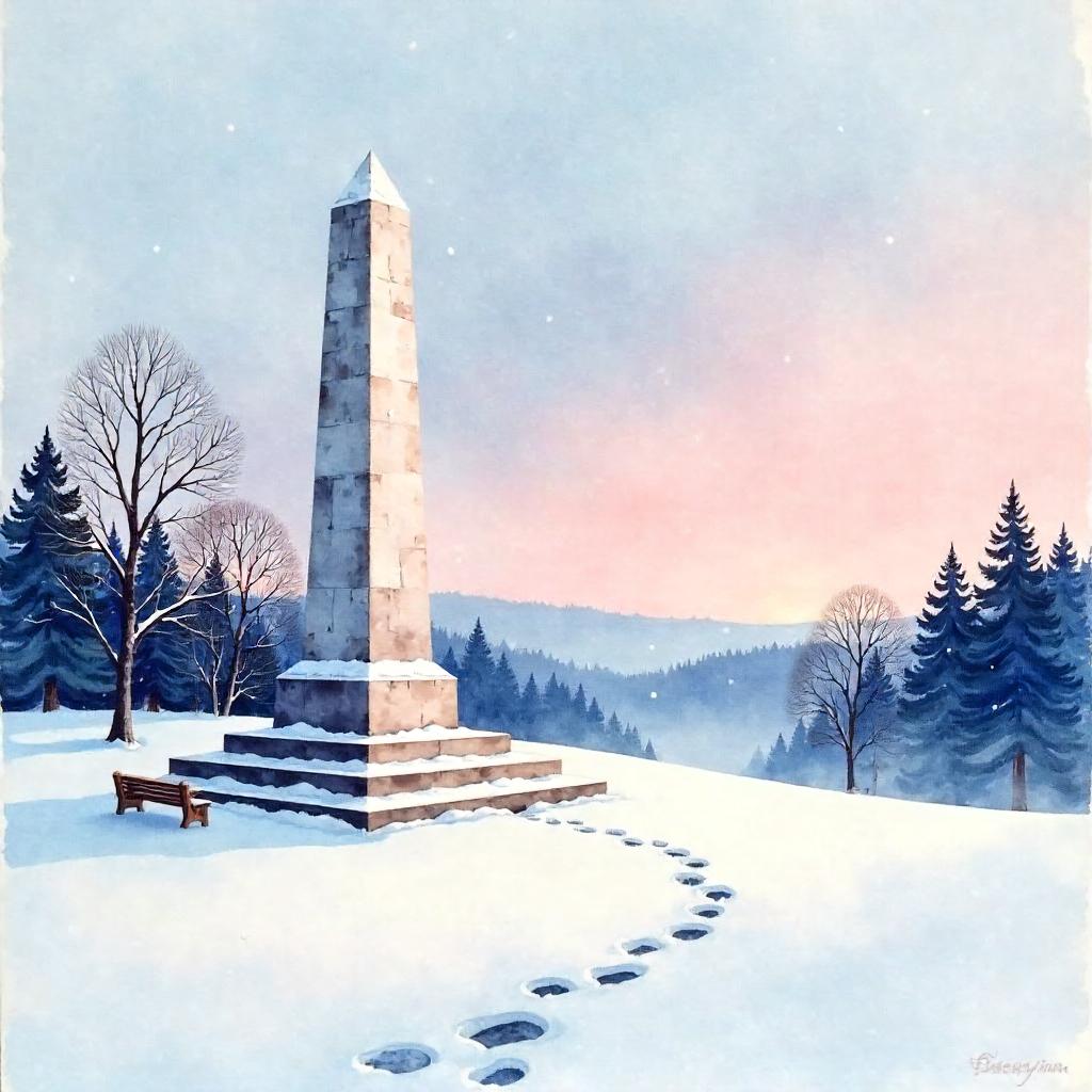 Snowbound Monument in Watercolor Landscape