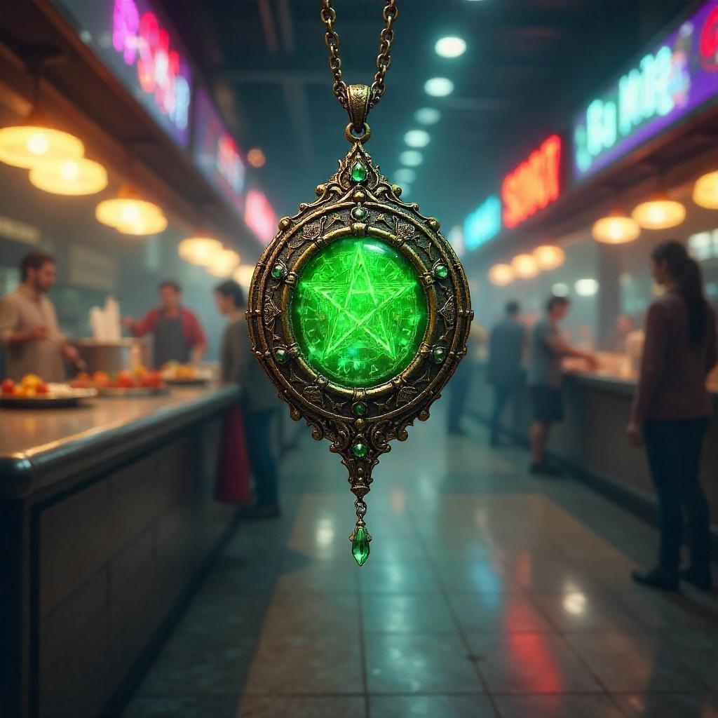 Cursed Amulet in a Neon Food Court - Concept Art