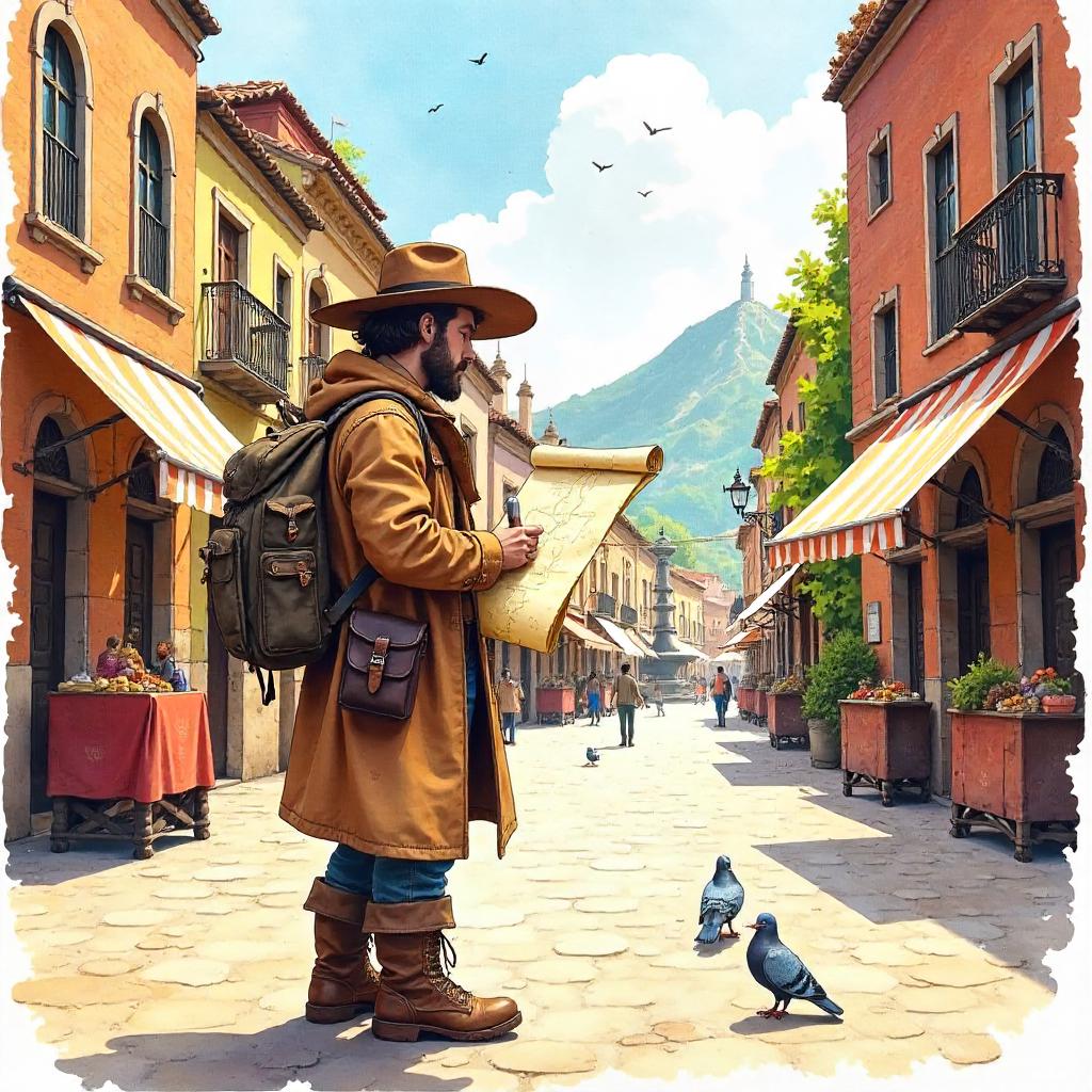 Watercolor Explorer in a Town Square