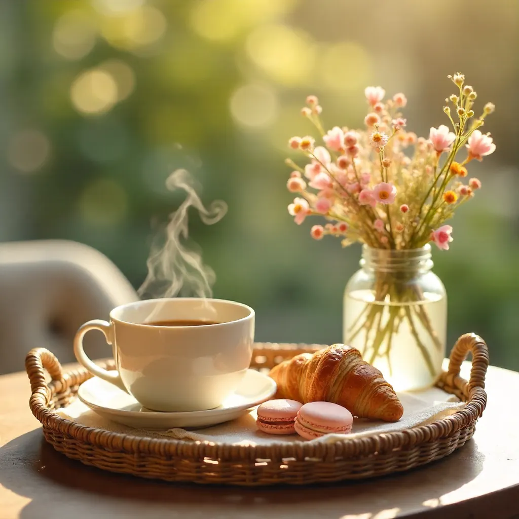 Morning Coffee on a Wicker Tray with Flowers