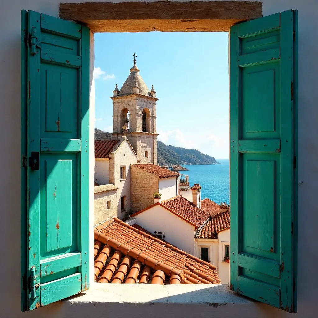 Turquoise Shutter View over Mediterranean Rooftops